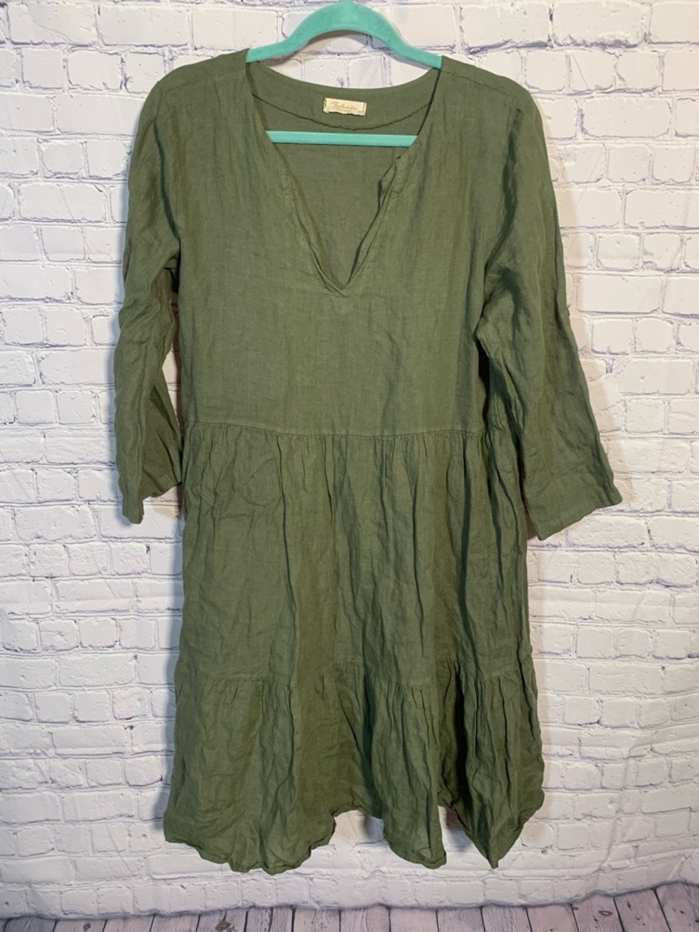 Bellambia Womens Linen Tiered Dress Green Size M Made in Italy Minimalist Casual